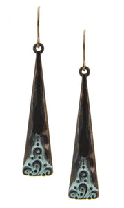 Burnished Patina Etched Paisley Triangle Drop Earrings