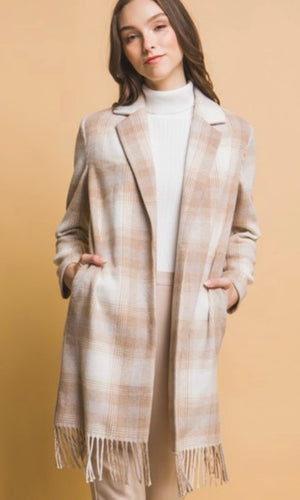 Ahanie Beige  Plaid Side Pocket Fringe Hem Coat Jacket