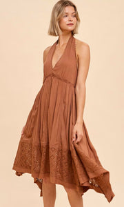 Amanda Coconut Brown Halter Lace Trim Midi Dress