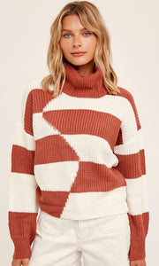 Agreo Rust & Cream Colorblock Turtle Neck Sweater Top