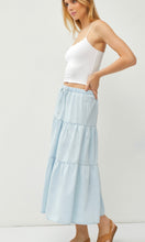 Aryla Chambray Drawstring Elastic Waist Tiered Midi  Skirt