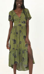 *SALE! Afyth-Olive Black Floral Print Front Slit Midi Dress