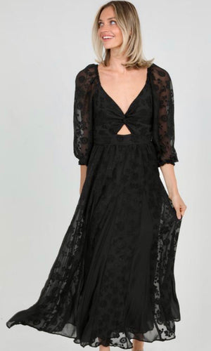 Acosta Black Burnout Floral Godet Skirt Slit Maxi Dress