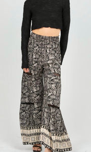 Asay Black Border Print Lace Inset Smocking Waist Wide Leg Pants