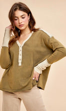 Alan Washed Olive Cotton Button Cuff Knit Top