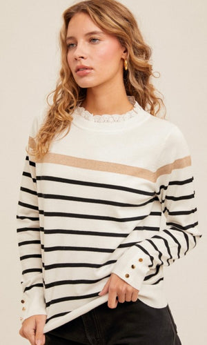 Adamor Off White / Black Eyelet Contrast Stripe Sweater Top