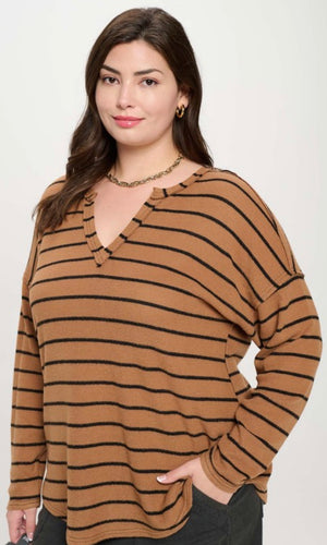 Plus Brown and Black Striped Raw Edge Knit Top