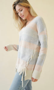 Achris Blush Two-Tone Lace Up Hi-Low Cozy Sweater Top