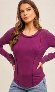 Adexa Grape Snowwash Cuff Detail Ribbed Knit Top