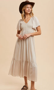 Artiste Linen Washed Satin Empire Smocked Midi Dress