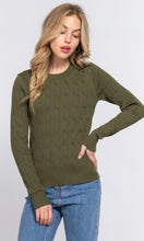 Campbell Olive Long Sleeve Round Neck Cable Sweater