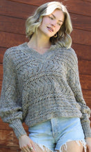 Carmen Green Marled Yarn Open Knit Bat Wing V Neck Pullover Sweater