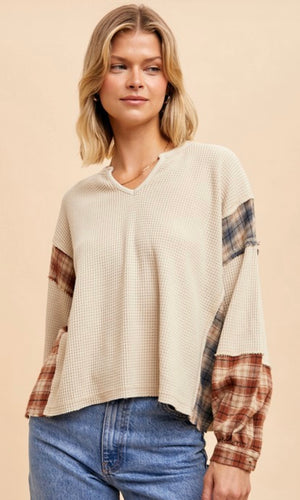 Adamie Oatmeal Thermal Mixed Plaid Knit Top