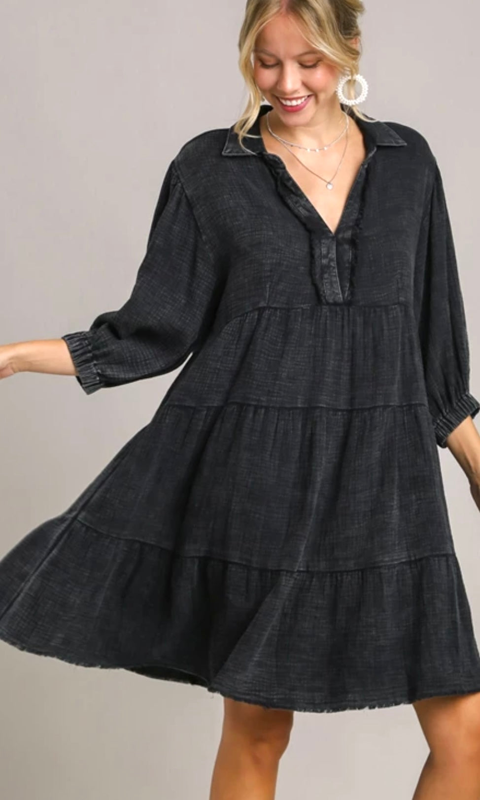 Aluan Black Snow Washed Cotton Frayed Edge Tiered Dress