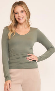 Charlene Olive Double Layered Side Rouched Long Sleeve Top