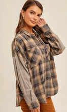 Abrem Slate Grey Snow Washed Plaid Mixed Media Shirt Shacket Top