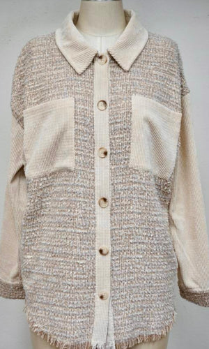 Actyn Cream Tweed Corduroy Unfinished Hem Jacket Shacket