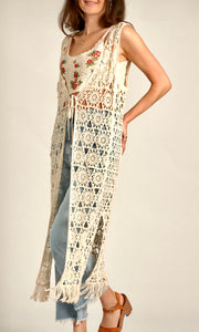 Aatisha Cream Crochet Lace Tie One Size Kimono Cardigan