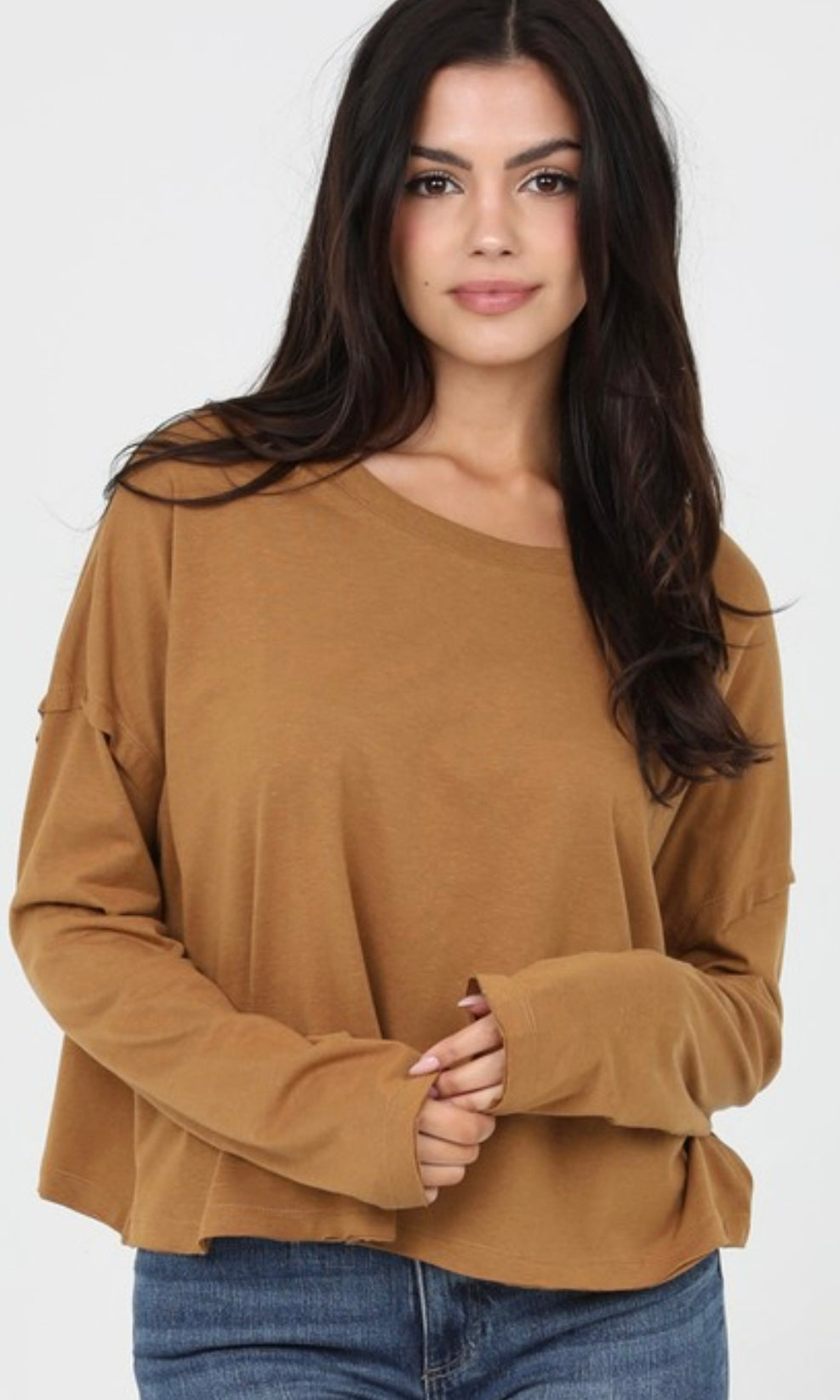 Celeste Camel Raw Edge Long Sleeve Slubby Knit Top