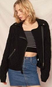 Ablen Black Cableknit Moto Biker Sweater Jacket