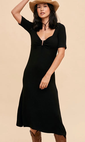 Ajony Black Notched Fitted Premium Knit Midi Dress
