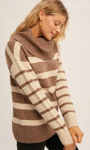 Agran Mushroom Taupe Stripe Cowl Neck Sweater Top