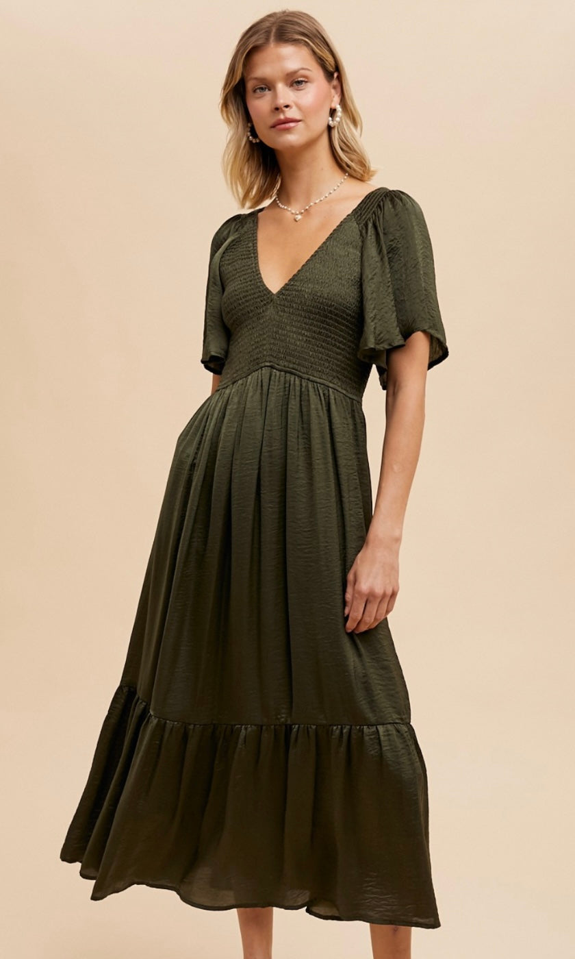 Artiste Olive Washed Satin Empire Smocked Midi Dress