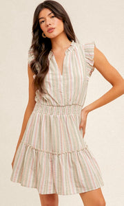 Amana Green & Pink Subtle Stripe Ruffle Hem Dress