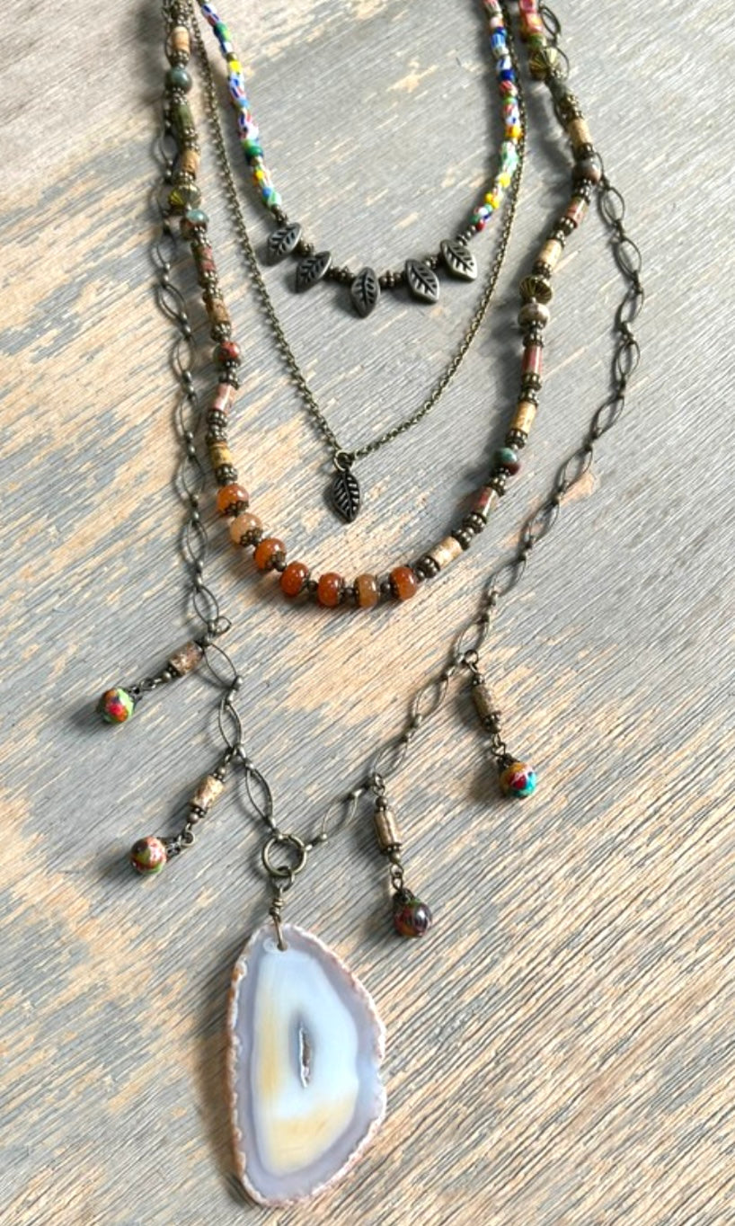 Sedona Glass Agate Stone Pendant Charm Multi Layer Long Beaded Necklace