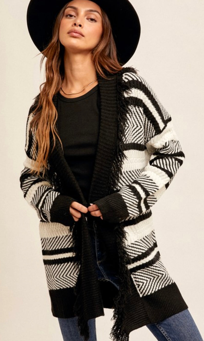 Annay Black / White Chevron Motif Fringe Long Cardigan Sweater Top