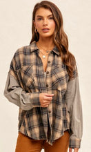 Abrem Slate Grey Snow Washed Plaid Mixed Media Shirt Shacket Top