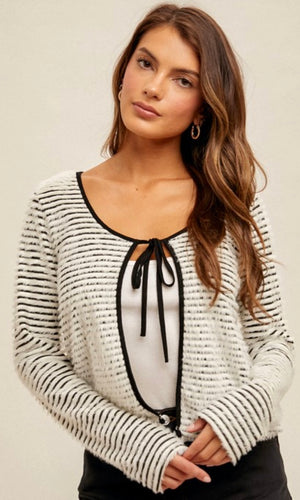 Allston Black & Ivory Eyelash Stripe Tie-Front Cardigan Sweater Top