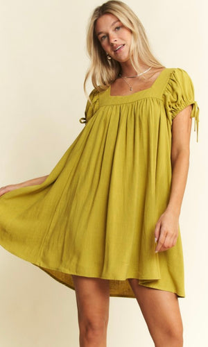 Dream Lime Green Washed Linen Bubble Sleeve Dress