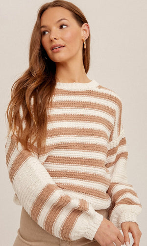 Adiry Taupe & Cream Stripe Luxurious Chenille Sweater Top