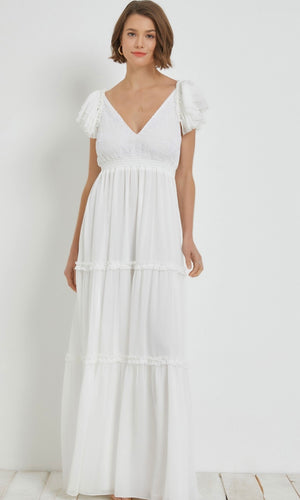 Adena-White Embroidered Smocked Back Ruffle Tier Maxi Dress