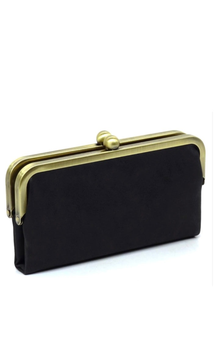 Bella Black Vegan Leather Kiss Lock Clutch Wallet Bag