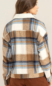 Ajam Brown Plaid Teddy Fleece Collar Shirt Jacket