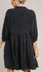 Aluan Black Snow Washed Cotton Frayed Edge Tiered Dress