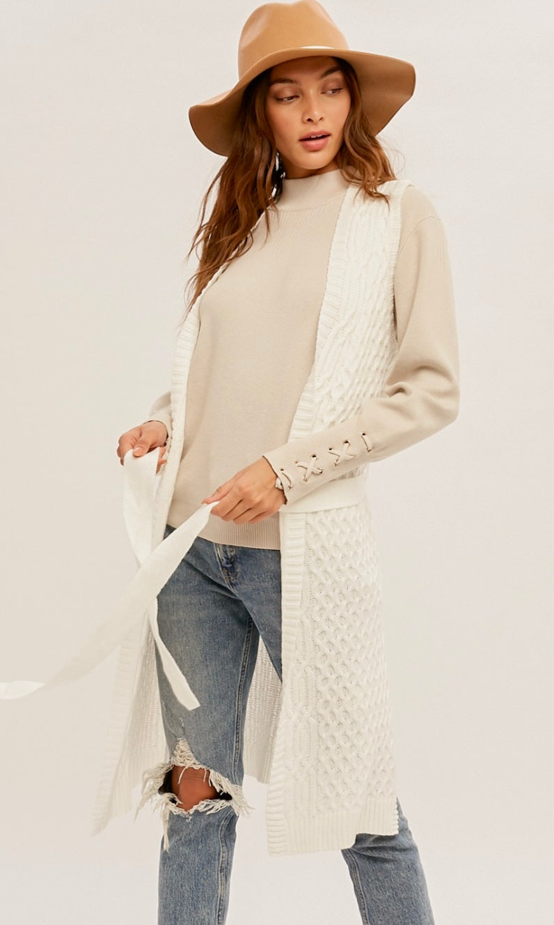 *SALE! Amista - Ivory Cableknit Belted Longline Cardigan Sweater