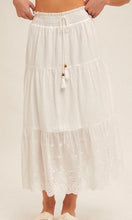 Acery White Eyelet Tiered Smocked Waist Midi Skirt