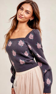 Afauna Charoal Floral Scalloped Sweater Top