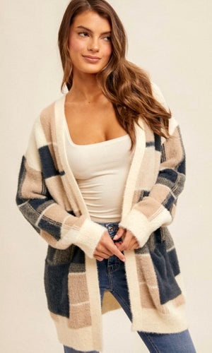 Ablie Taupe Fuzzy Checker Pattern Pocket Cardigan Sweater Top