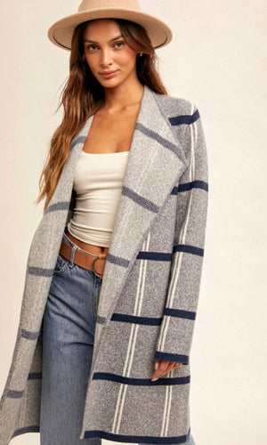 Alynen Grey Navy Check Pattern Side Pocket Coatigan Cardigan Sweater