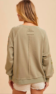 Carson Dusty Olive Embroidered French Terry Pullover