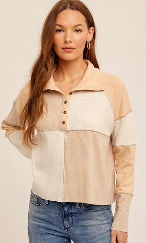 *SALE! Asafe - Beige Contrast Color Block Ribbed Knit Polo Shirt Top