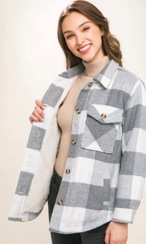 Amasy Grey Plaid Sherpa Lined Side Pocket Shirt Jacket