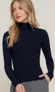 Cambria Navy Turtle Neck Fitted Rib Knit Sweater Top