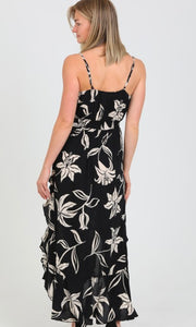 Crissy Black V Neck Ruffled Slits Maxi Dress