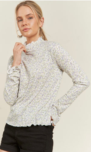 Caprisa White Floral Print Mock Neck Long Sleeve Top