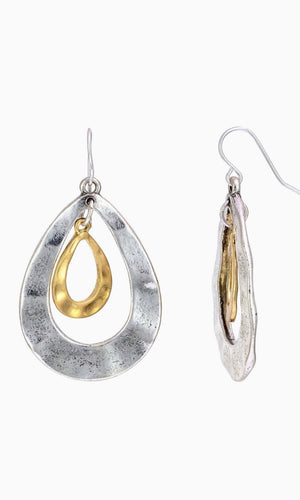 Vintage Inspired Two Tone Hammered Gold & Silver Teardrop Earrings